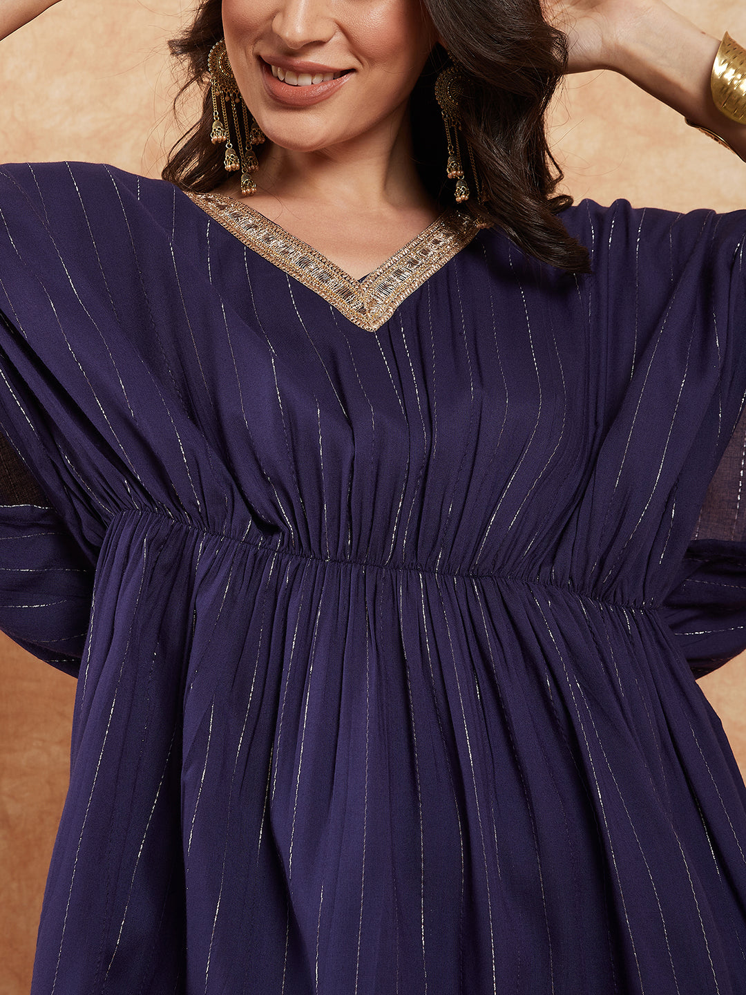 InWeave Women's Royal Blue Lurex V Neck Gota Kaftan Style Kurta Set - Swadesiicart