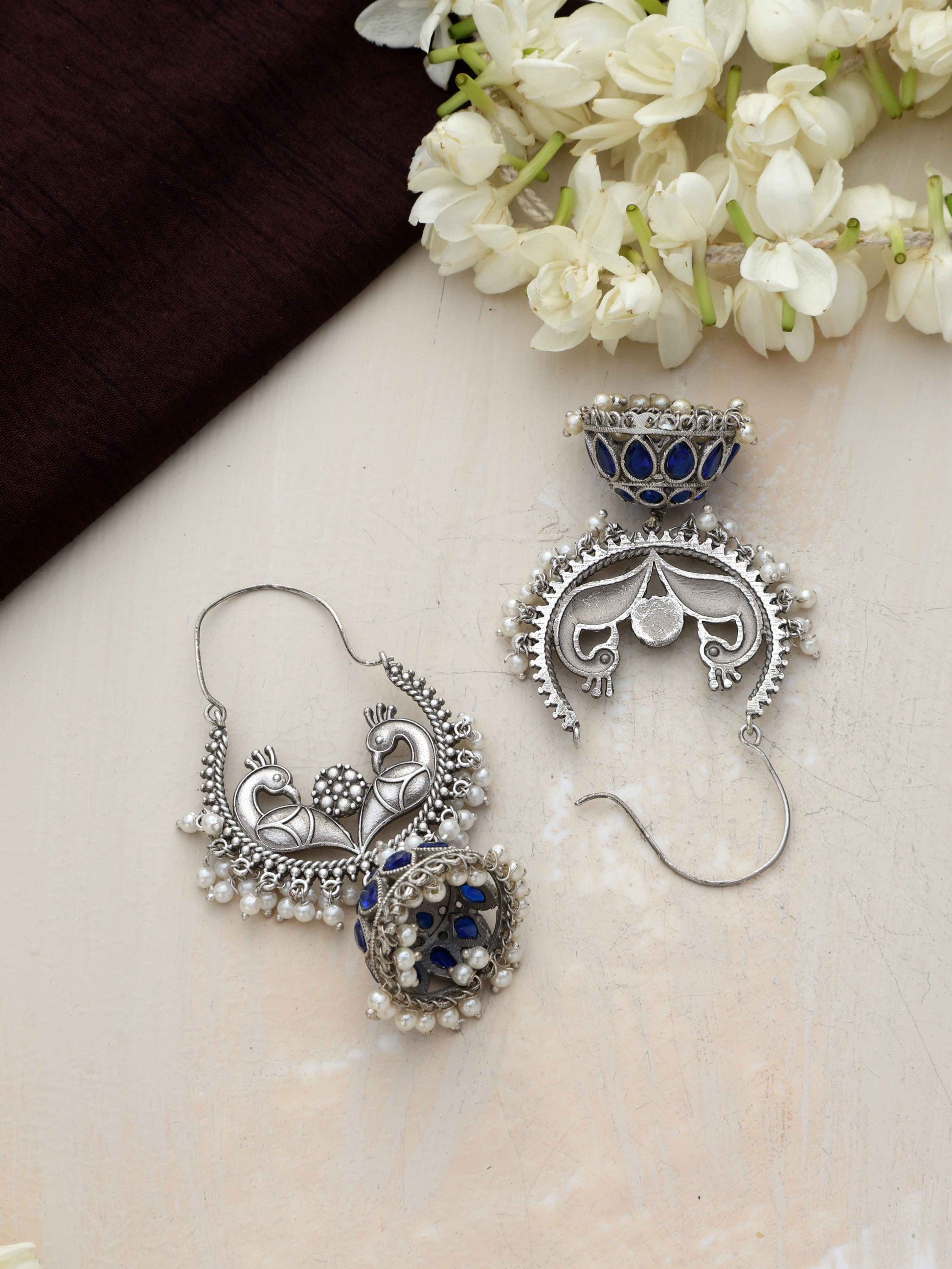 trueBrowns Silver Tone Peacock Jhumka Earrings - Swadesiicart