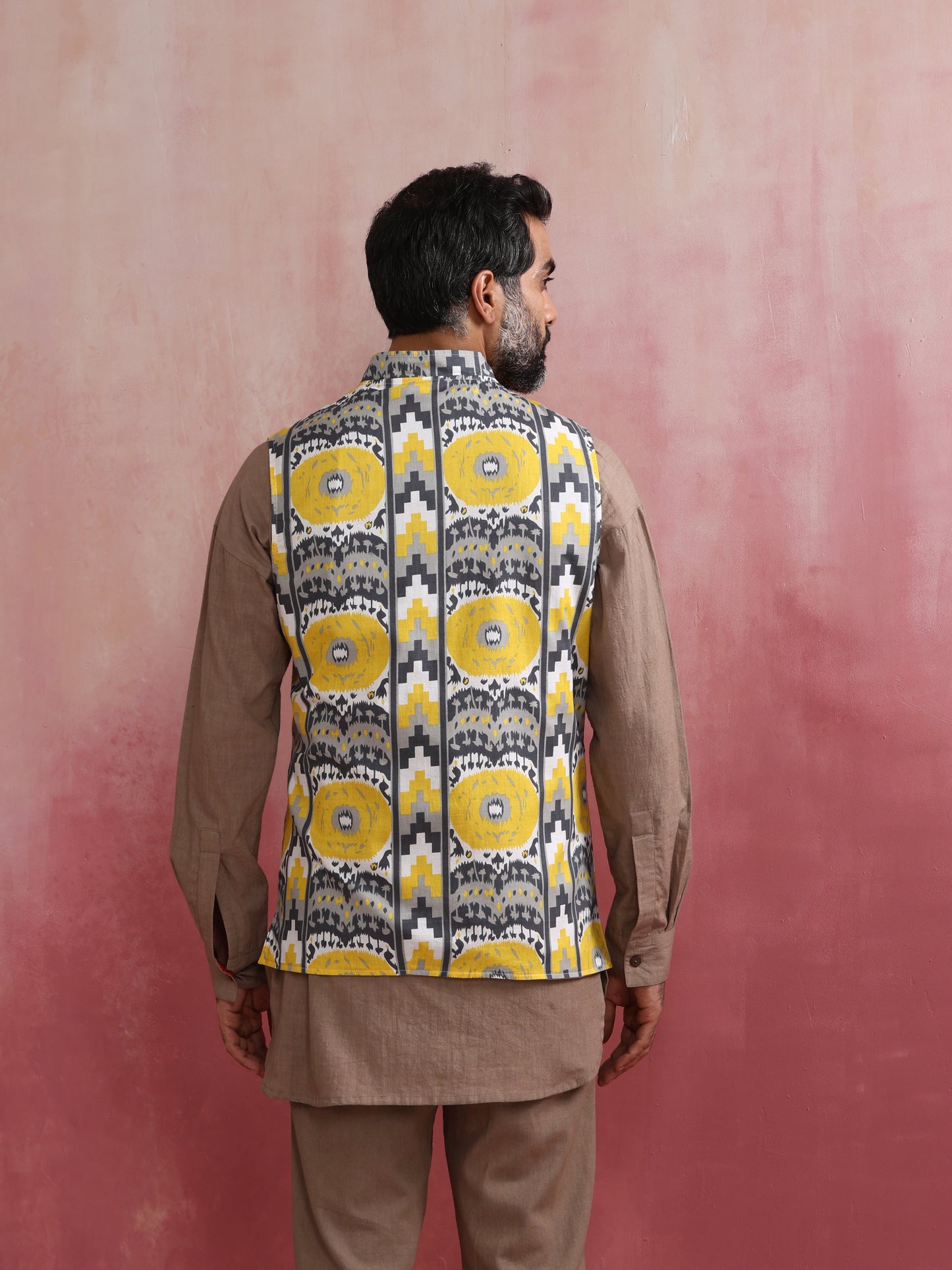 trueBrowns Men's Grey Ikat Print Cotton Reversible Nehru Jacket | Swadesiicart
