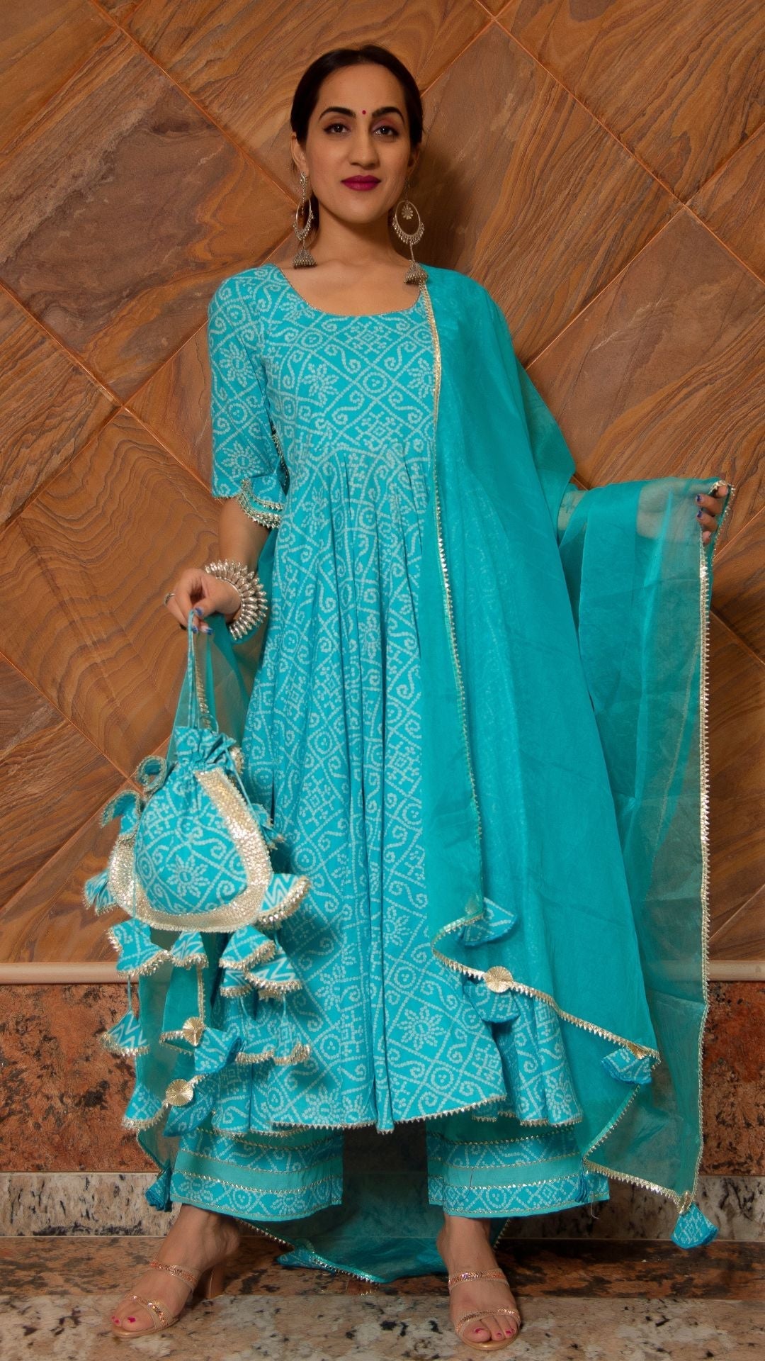 Pomcha Jaipur Bandhej Blue Cotton Anarkali Set | Swadesiicart