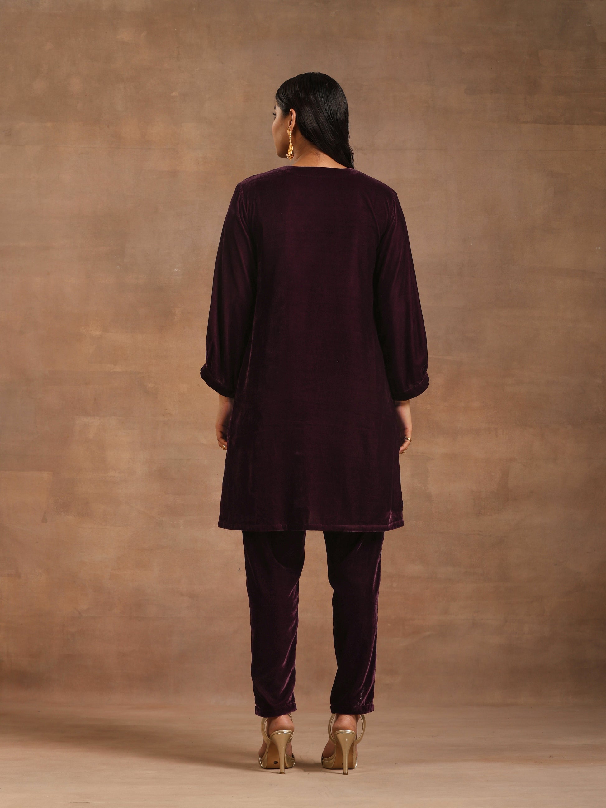 trueBrowns Wine Velvet Solid Co-ord Set - Swadesiicart