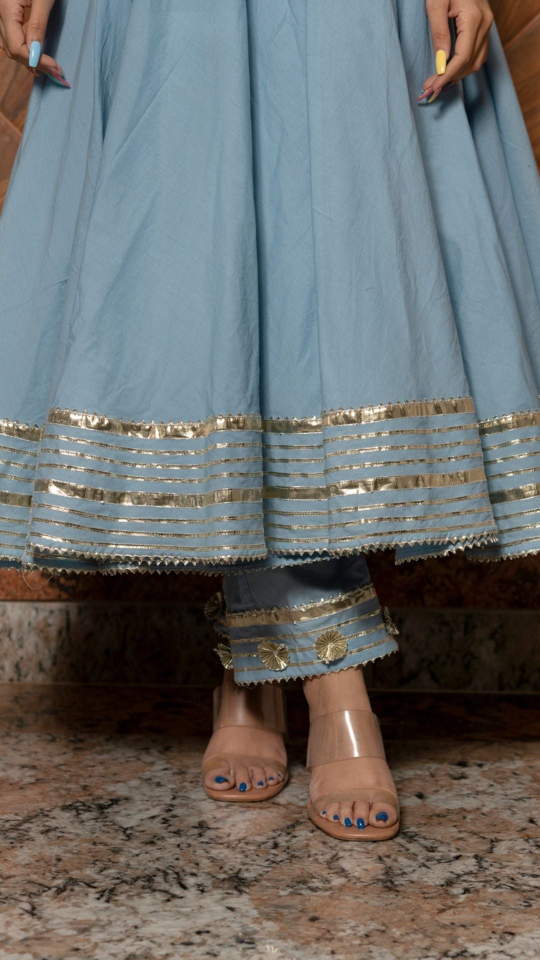 Pomcha Jaipur Powder Blue Pure Cotton Anarkali Set | Swadesiicart