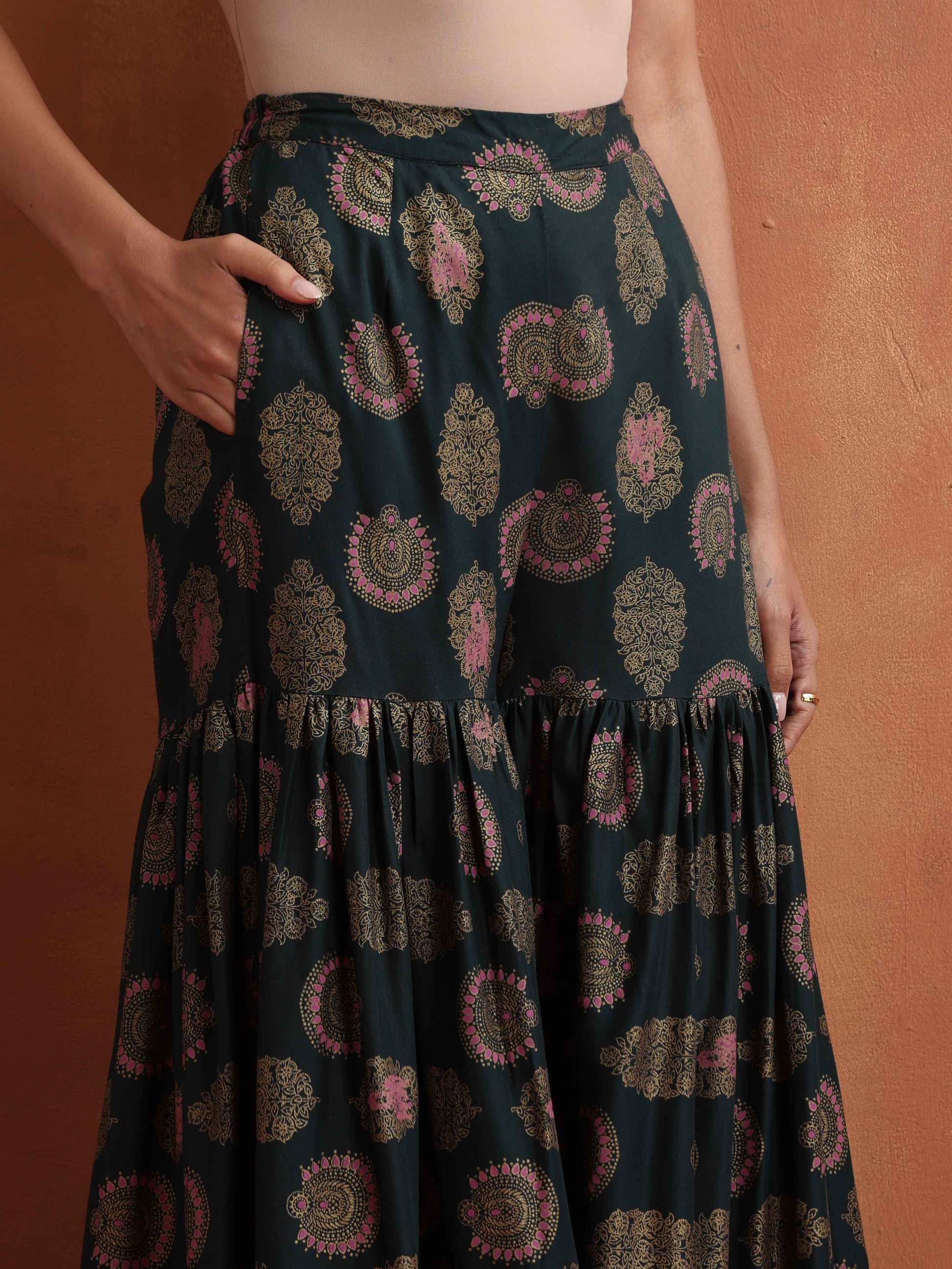 trueBrowns Green Foil Print Sharara Set | Swadesiicart