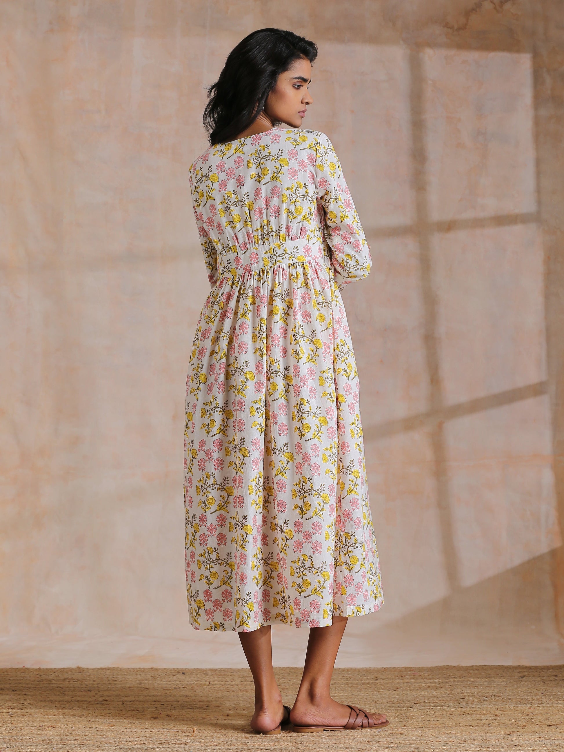 trueBrowns Pink Yellow Floral On White Block Print Cotton Wrap Dress | Relove | Swadesiicart