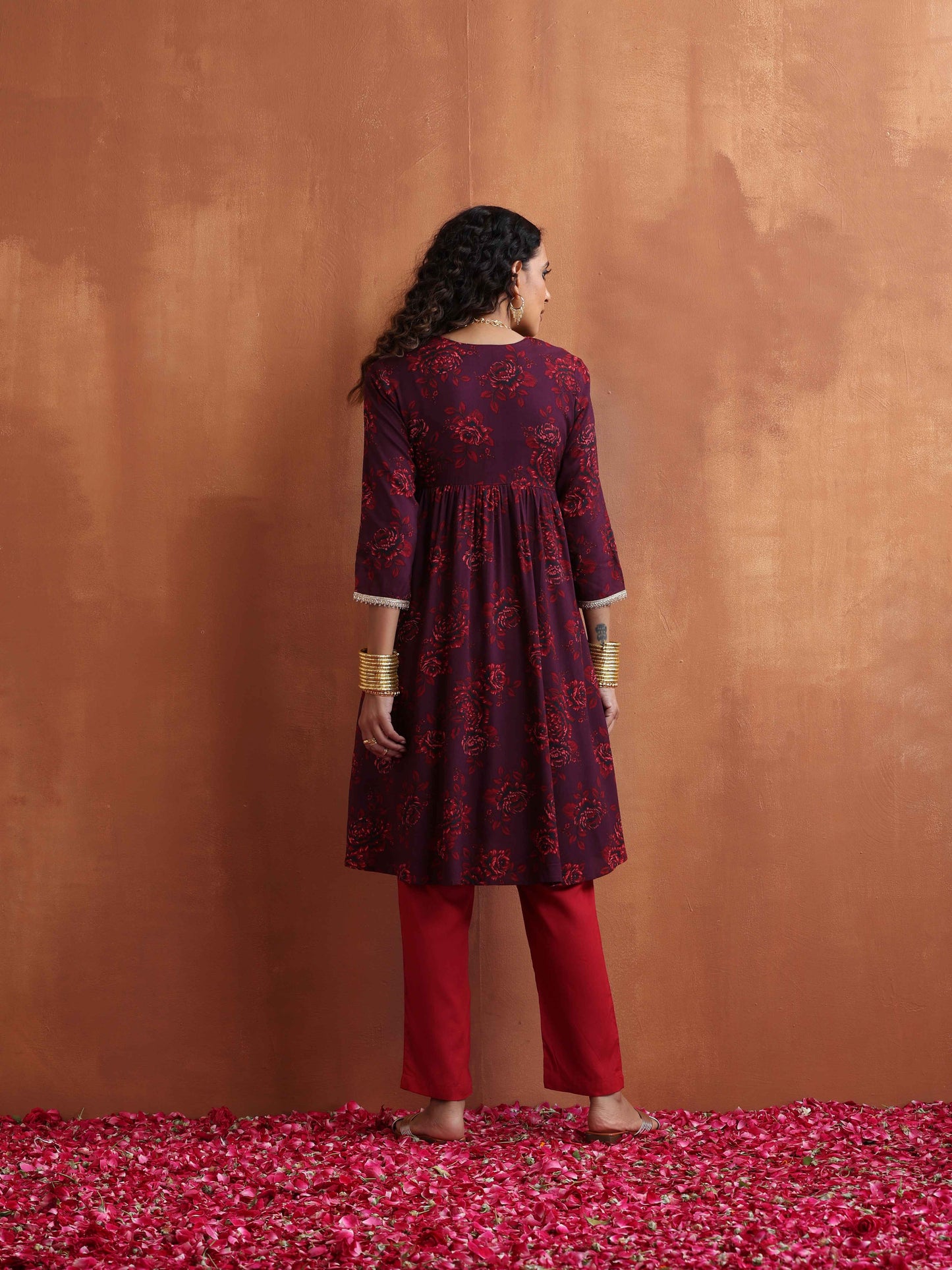 trueBrowns Purple Floral Print Anarkali Kurta Co-ord Set - Swadesiicart