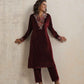 trueBrowns Maroon Velvet Floral Embroidered Kurta Pant Dupatta Set | Swadesiicart