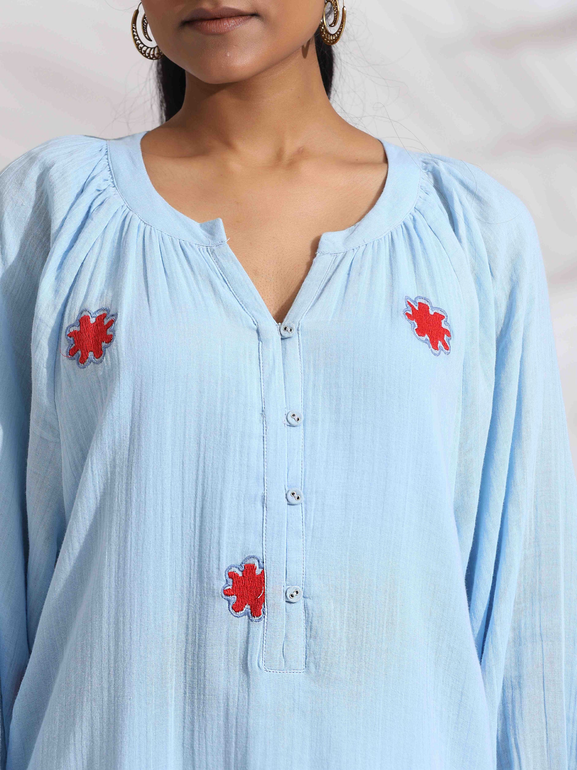 trueBrowns Blue Cotton Embroidered Dress | Swadesiicart