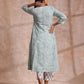 trueBrowns Tiffany Blue Floral Block Print Cotton Front Neck Gathered Kurta Pant Set | Swadesiicart