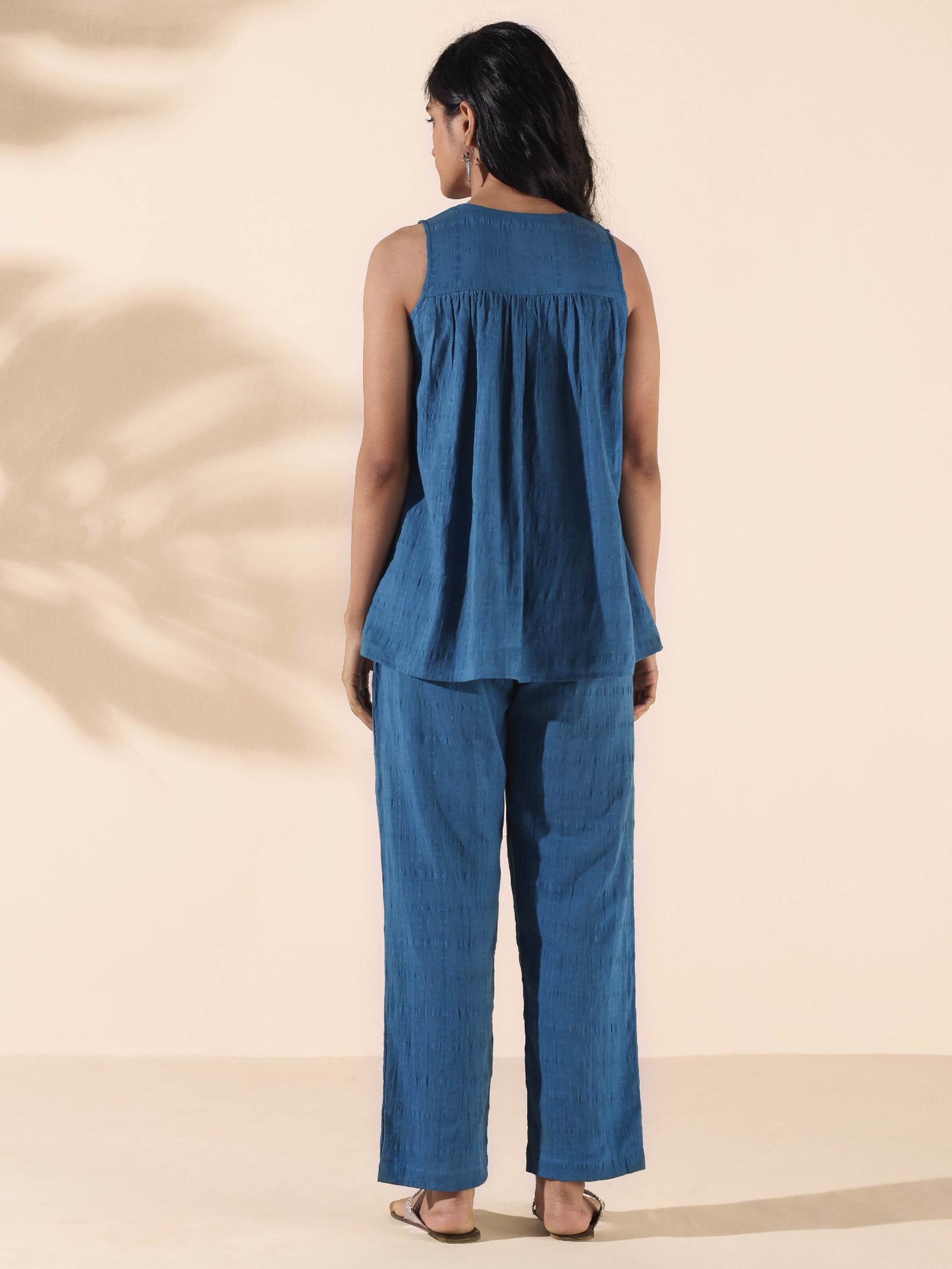 trueBrowns Blue Cotton Dobby Flared Co-ord Set - Swadesiicart