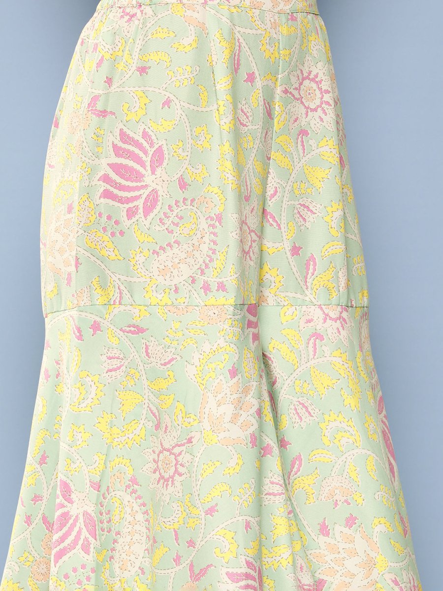 Ahalyaa Women Sea Green Floral Printed Gotta Patti Kurti with Sharara & With Dupatta | Swadesiicart