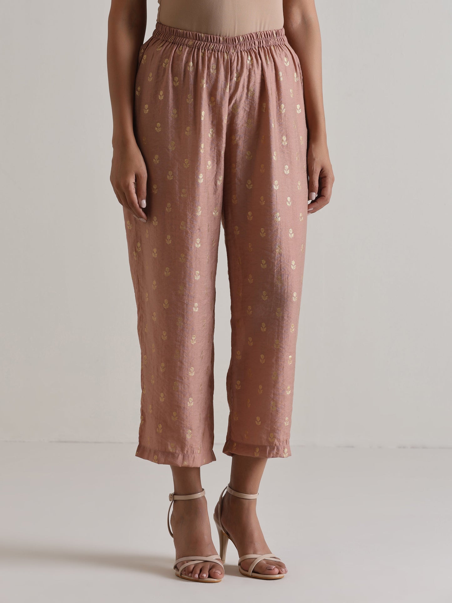 trueBrowns Beige Foil Puff Sleeve Kurta Set | Swadesiicart