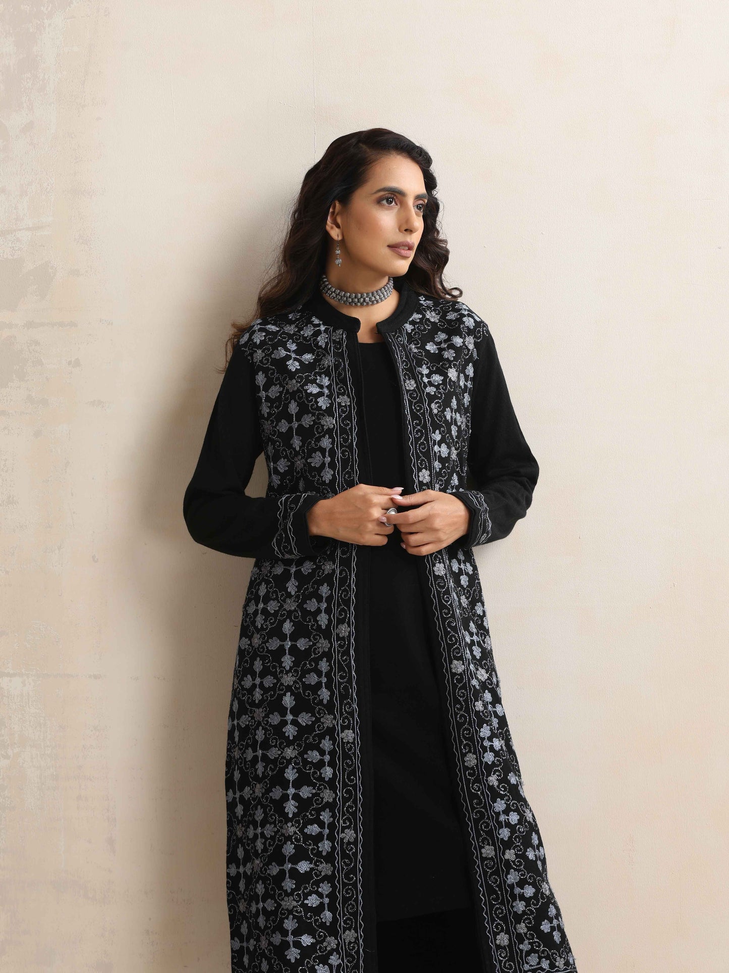 trueBrowns Black Kashmiri Woollen Jacket 3pc Set | Swadesiicart