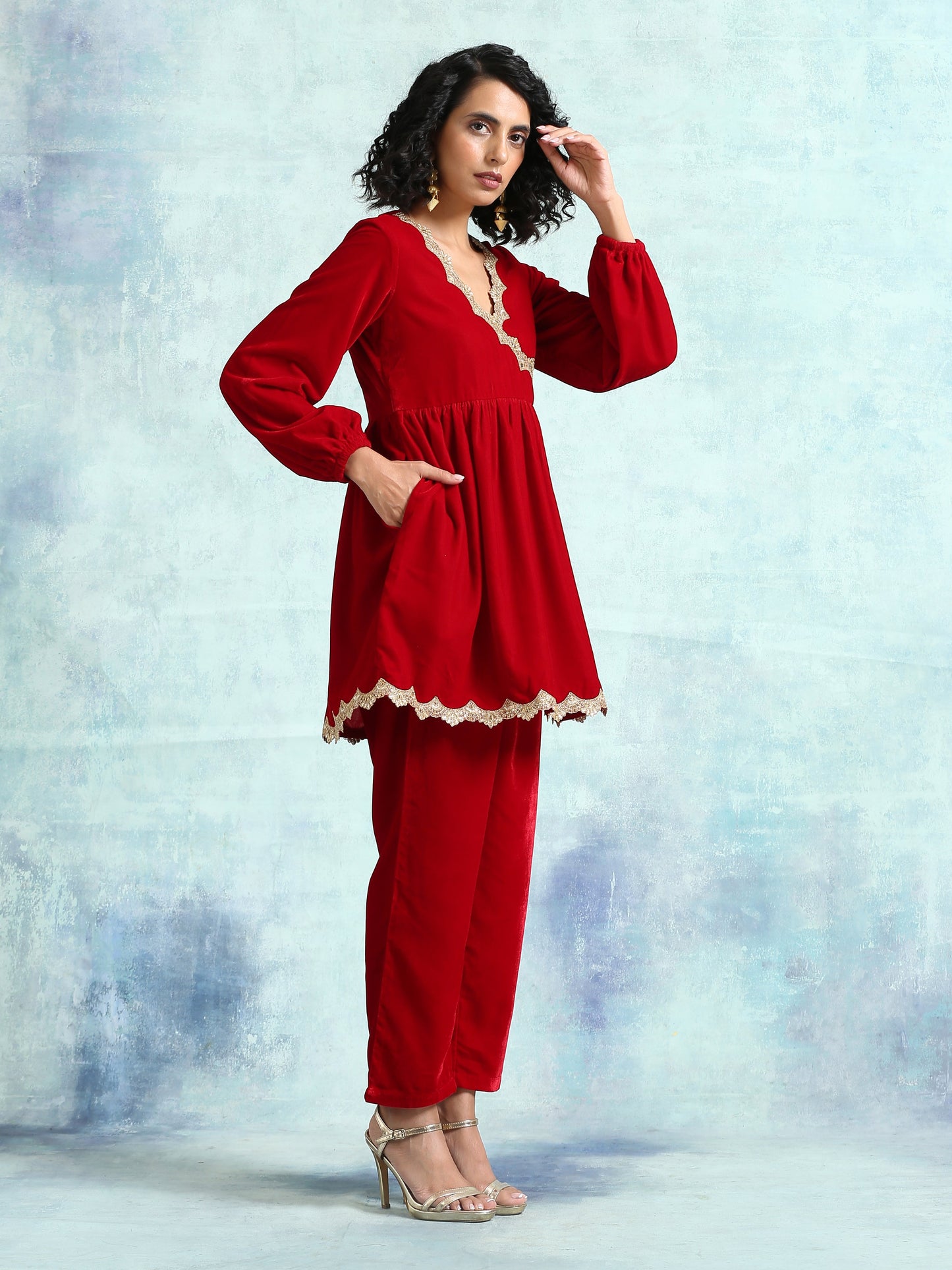 trueBrowns True Red Velvet Lace Co-Ord Set - Swadesiicart