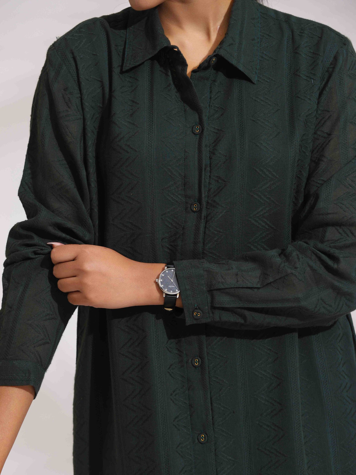 trueBrowns Green Cotton Shirt Dress | Swadesiicart
