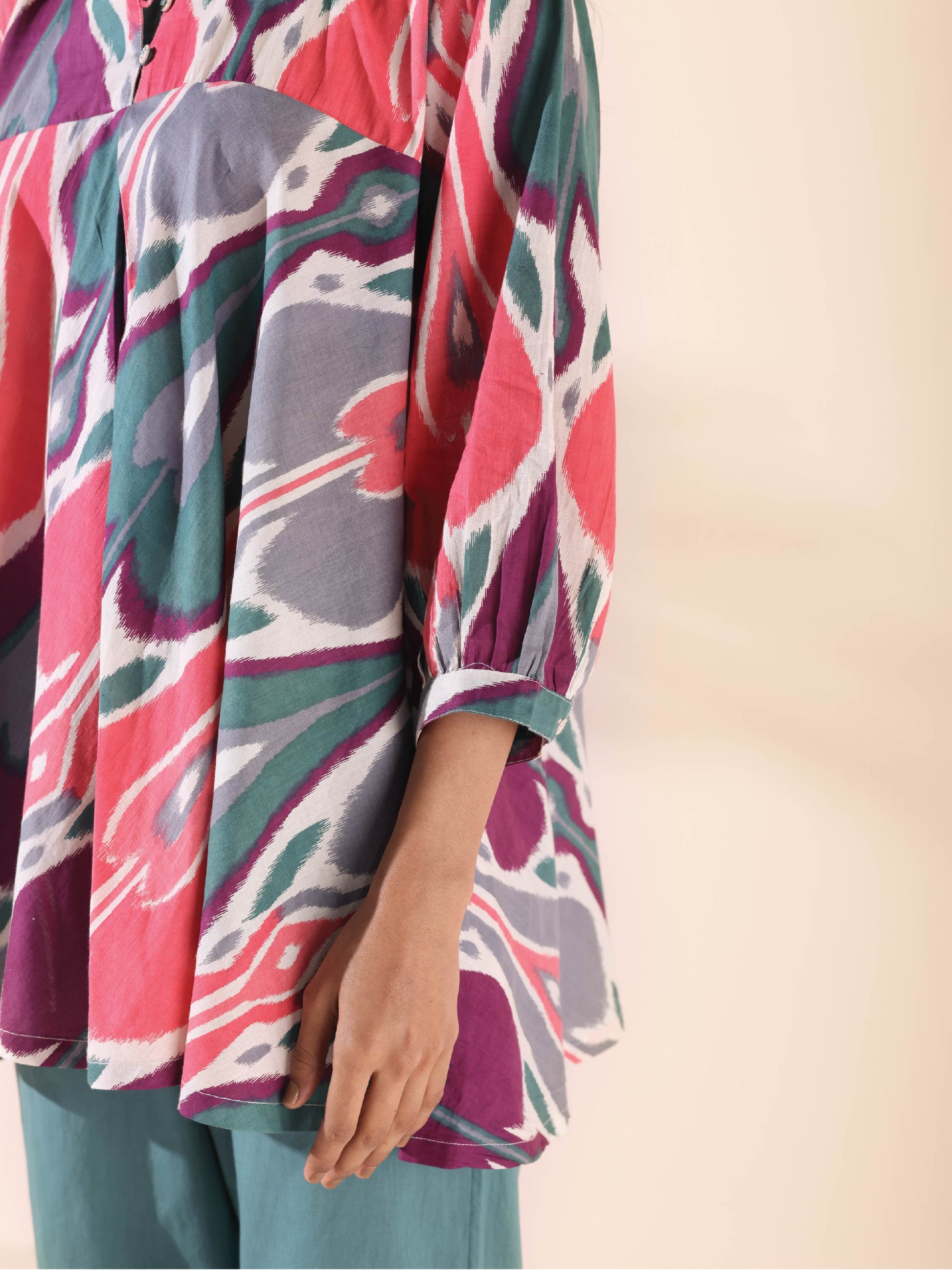 trueBrowns Green Cotton Ikat Flared Co-ord Set - Swadesiicart