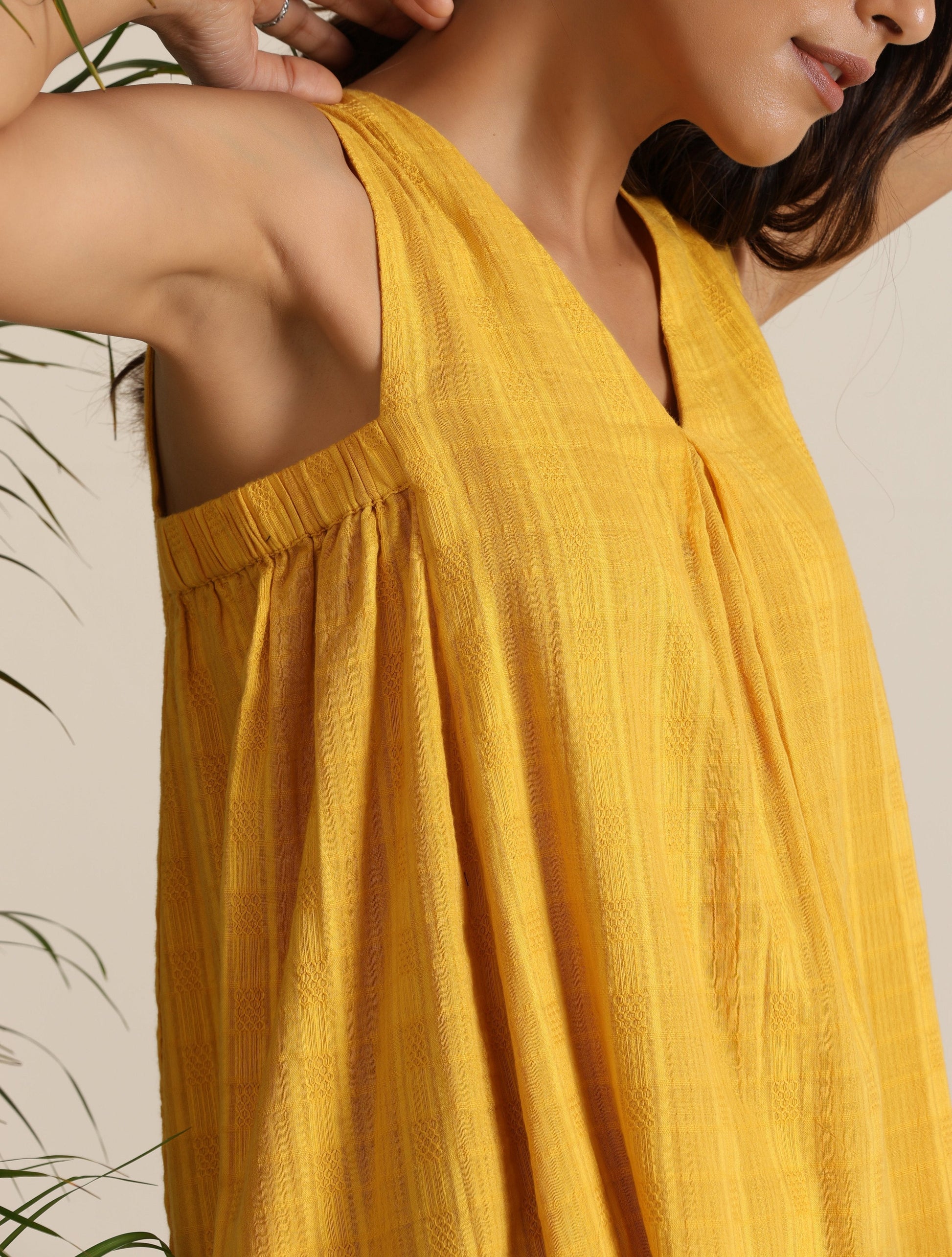 trueBrowns Mustard Cotton Dobby Sleeveless Co-ord Set - Swadesiicart