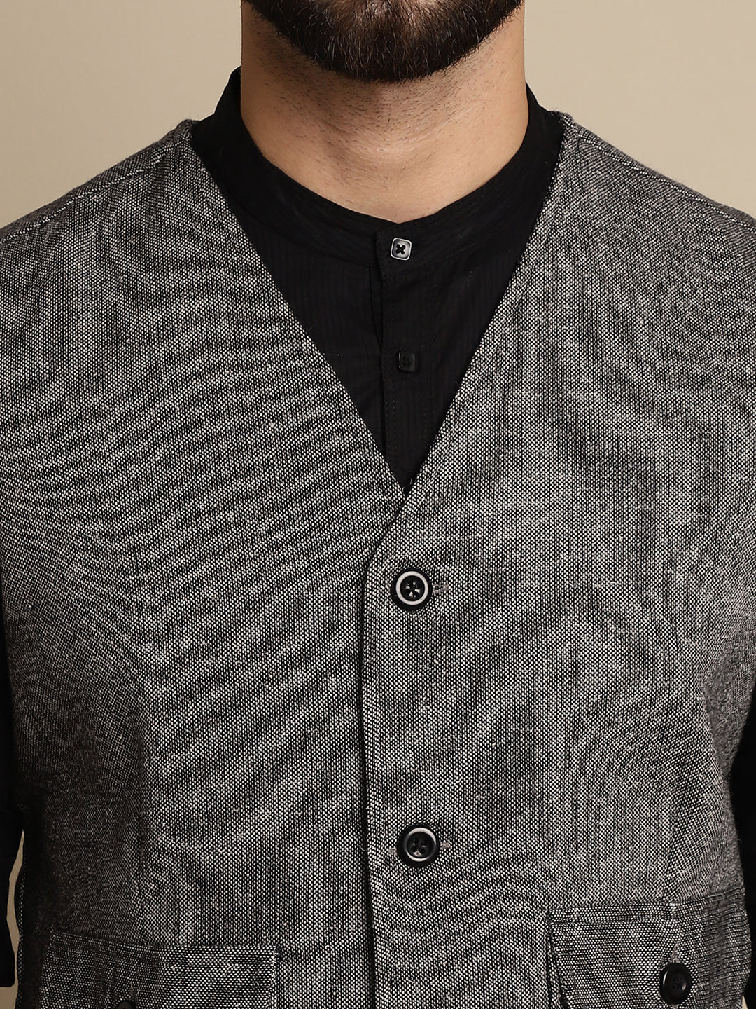 Even Apparels Men's Black Woolen Waistcoat With Patch Pocket | Swadesiicart