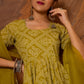 Pomcha Jaipur Bandhej Mehndhi Green Cotton Anarkali Set | Swadesiicart