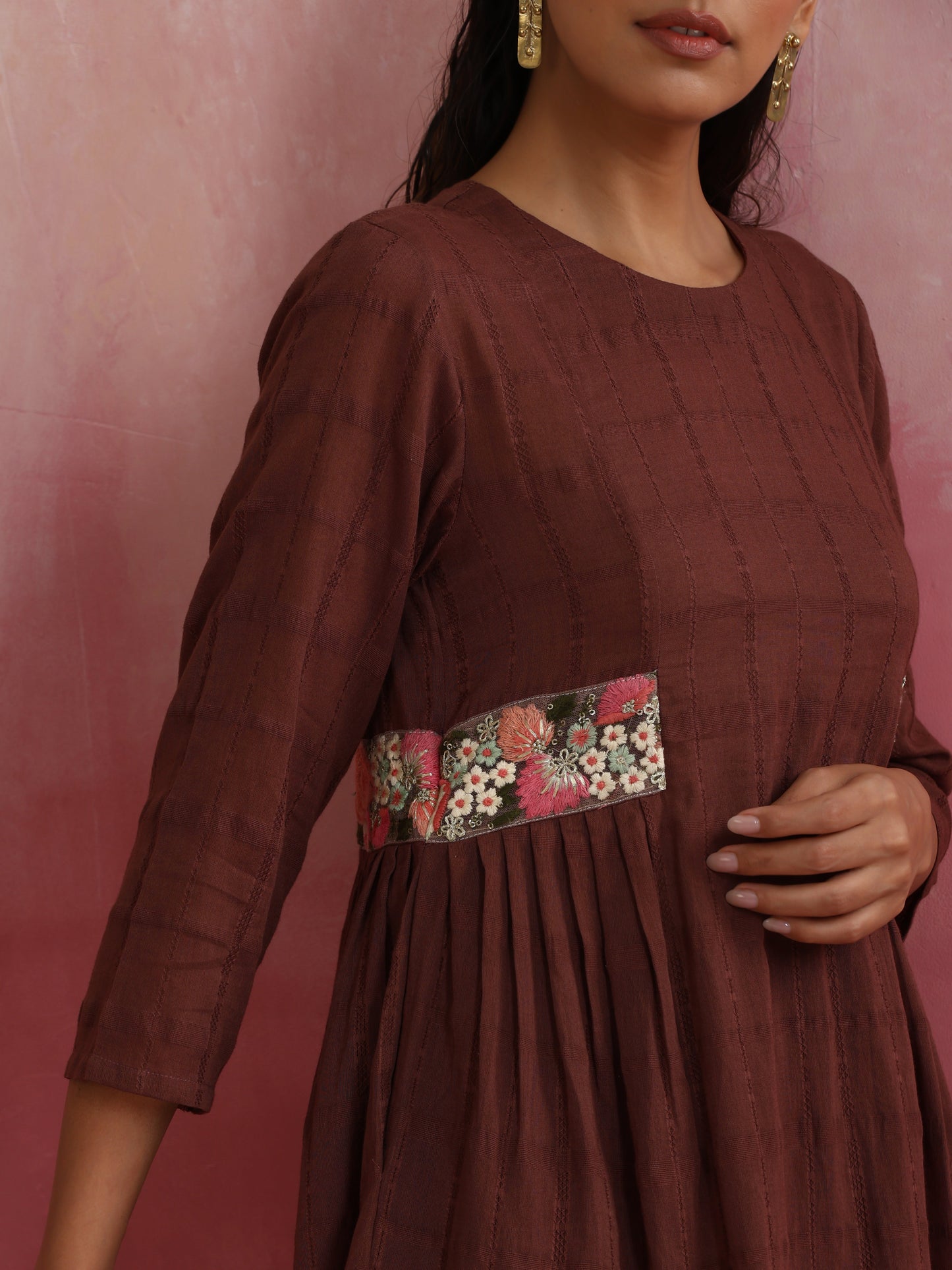 trueBrowns Brown Cotton Dobby Kurta Co-ord set - Swadesiicart