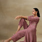 trueBrowns Dark Mauve Bandhani Printed Silk Front Slit Kurta Pant Set | Relove | Swadesiicart