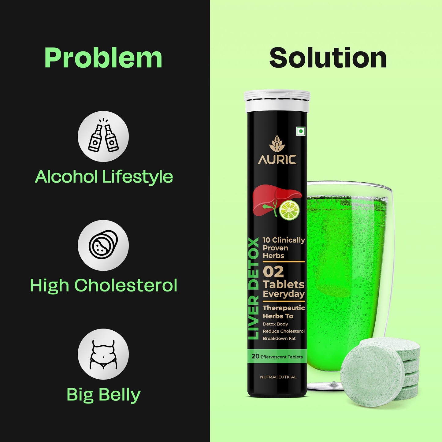 Auric Liver Detox Effervescent Tablets | Fizzy Water with 10 Ayurvedic Herbs | Clinically Researched Therapeutic Ingredients | Drop, Dissolve, Fizz, Drink - Swadesiicart