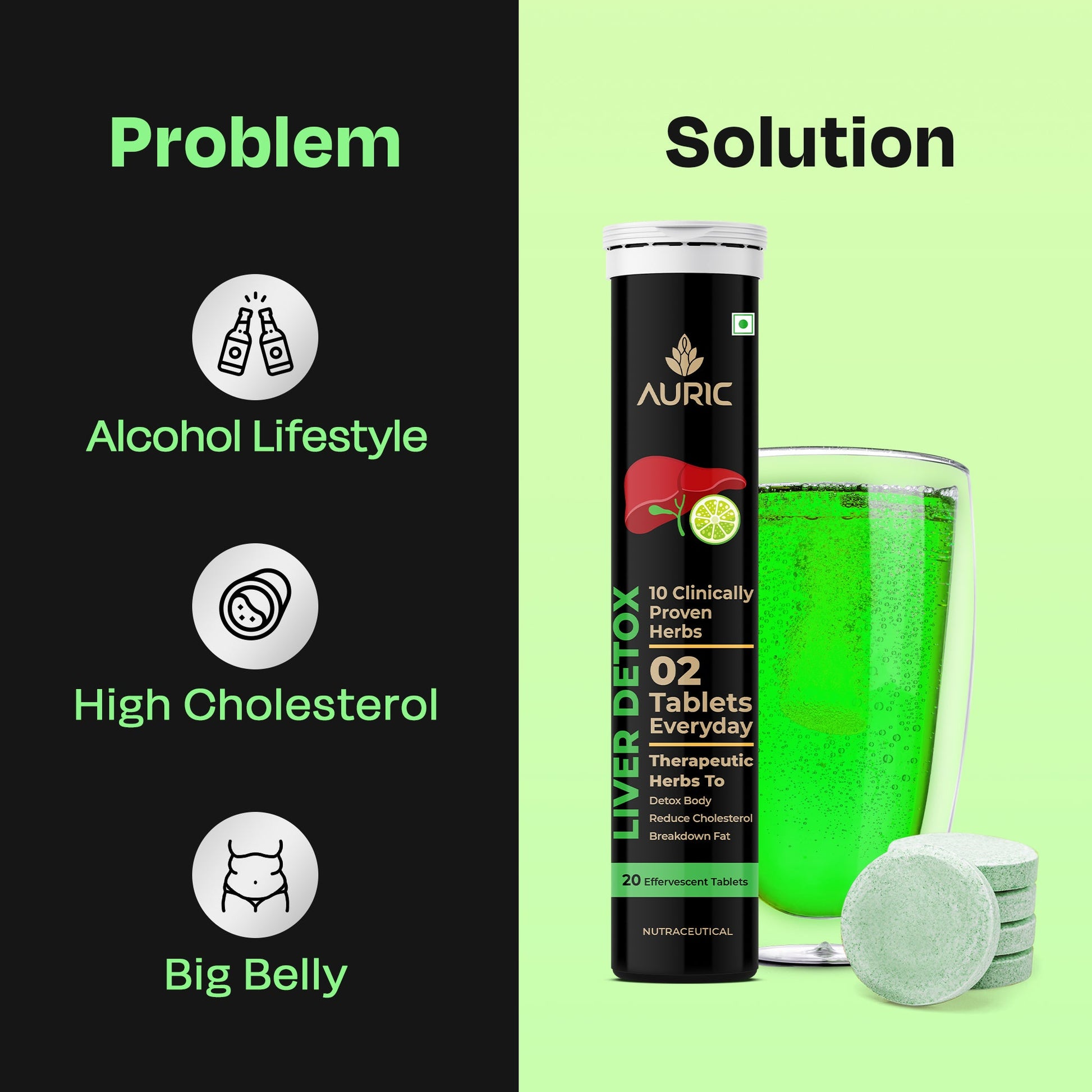 Auric Liver Detox Effervescent Tablets | Fizzy Water with 10 Ayurvedic Herbs | Clinically Researched Therapeutic Ingredients | Drop, Dissolve, Fizz, Drink - Swadesiicart