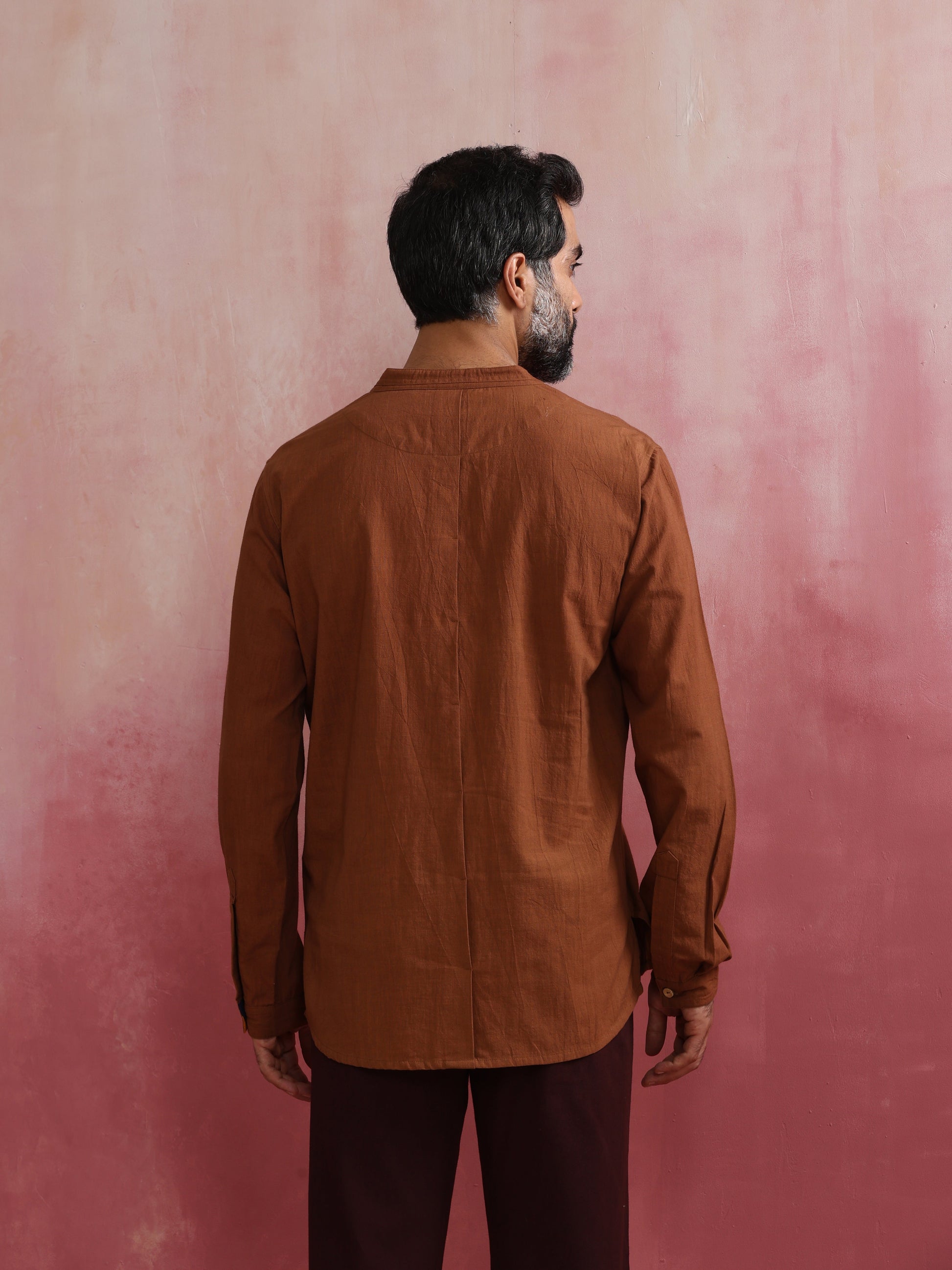 trueBrowns Men's Brown Cotton Mandarin Collar Stylized Kurta | Swadesiicart