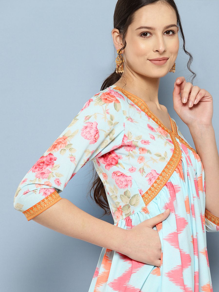 Ahalyaa Floral Printed Midi Empire Ethnic Dress | Swadesiicart