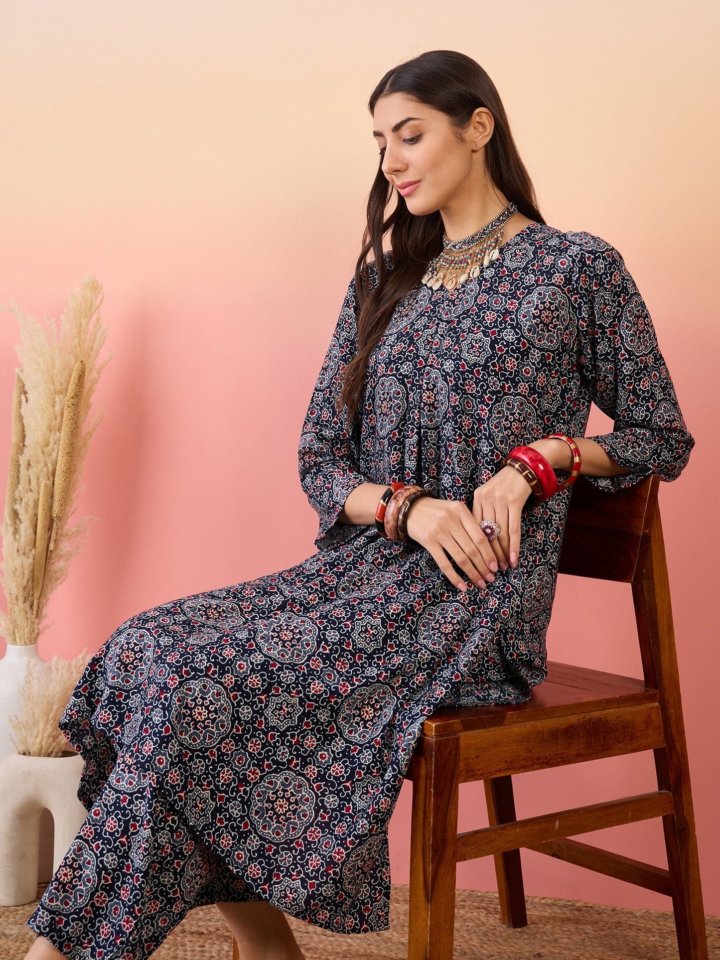 InWeave Navy Maroon Ajrakh Foil V Neck Kurta Pant Set - Swadesiicart