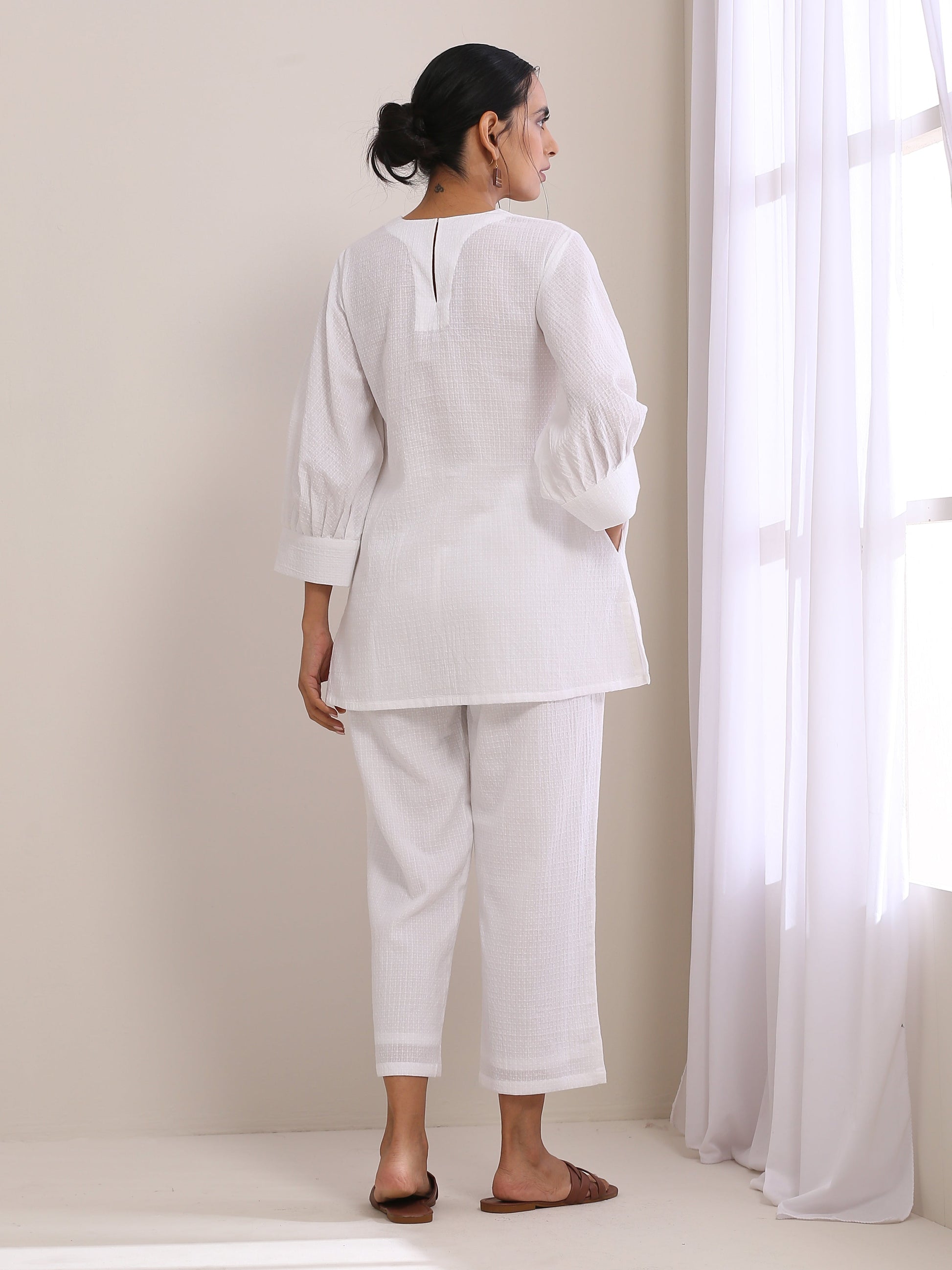 trueBrowns White Dobby Baggy Sleeve Co-Ord Set - Swadesiicart