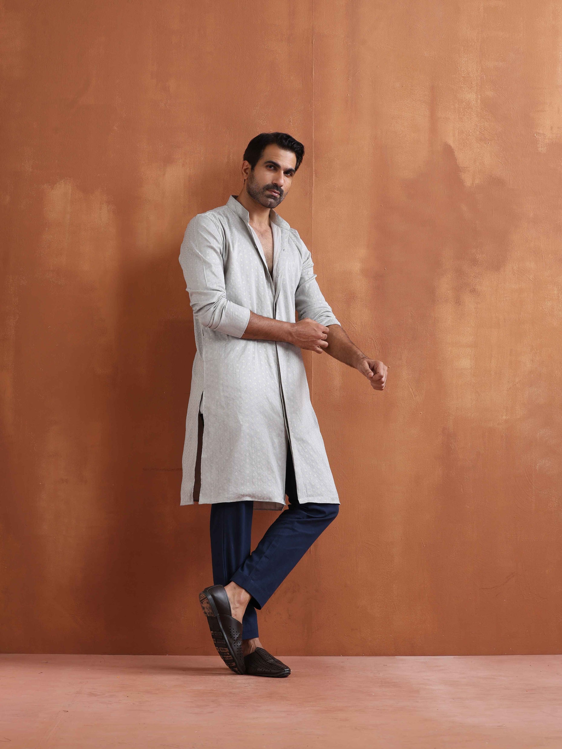 trueBrowns Men's Grey Chanderi Front Open Kurta | Swadesiicart