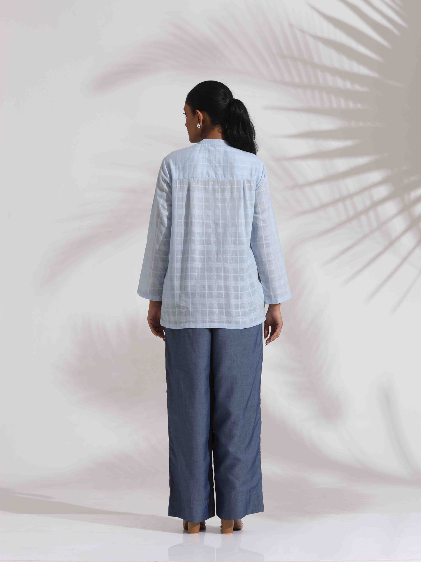 trueBrowns Blue Cotton Check Shirt Top Co-ord Set - Swadesiicart