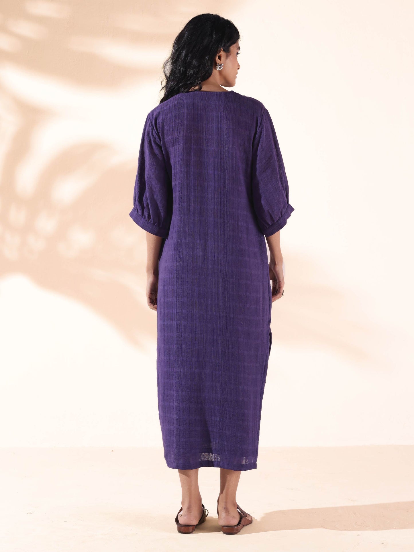 trueBrowns Purple Cotton Dobby Slit Dress | Swadesiicart