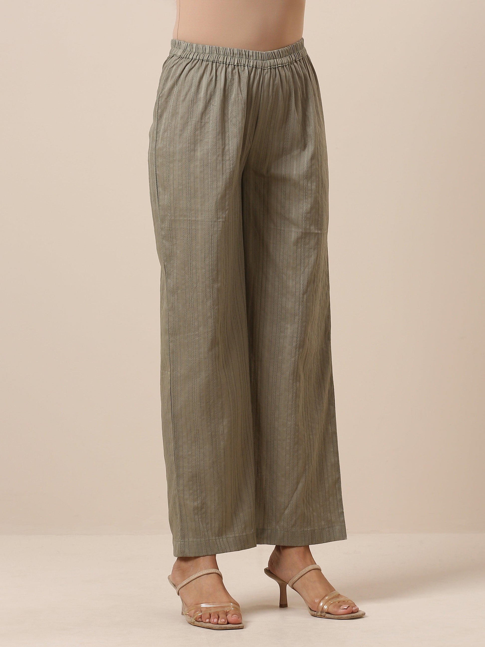 trueBrowns Cotton Olive Green Flared Slit Kurta Pant Set | Swadesiicart