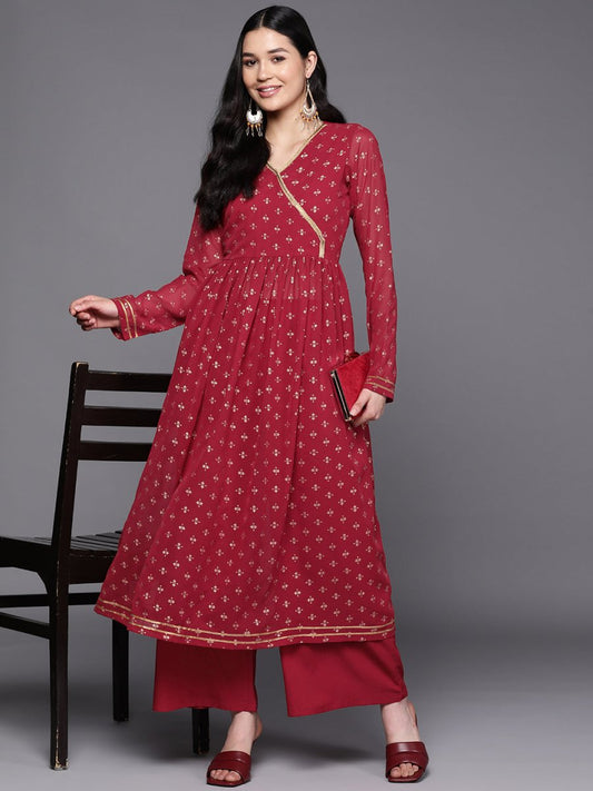 Ahalyaa Women Maroon Floral Empire Kurta with Palazzos | Swadesiicart