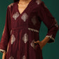 trueBrowns Wine Geometric Viscose Silk V-Neck Front Slit Kurta Pant Set | Swadesiicart