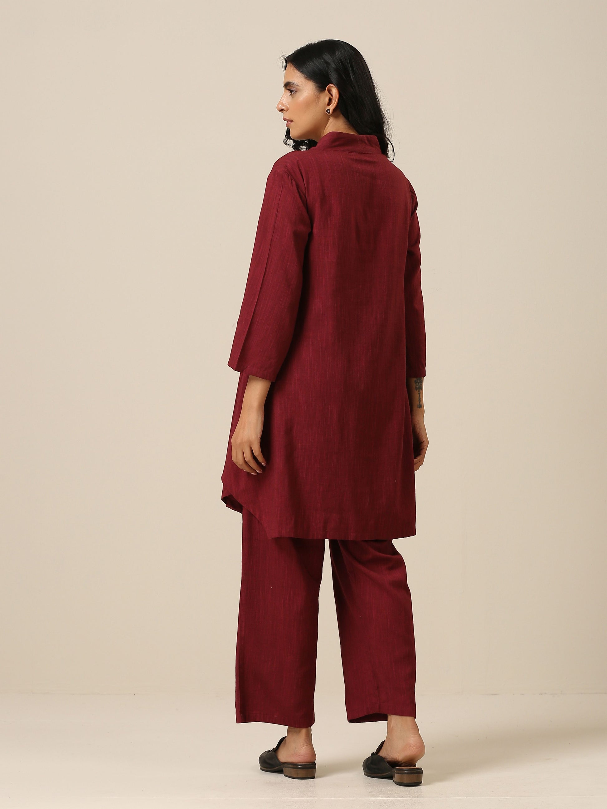 trueBrowns Ruby Wine Slub Textured Collar Co-Ord Set - Swadesiicart