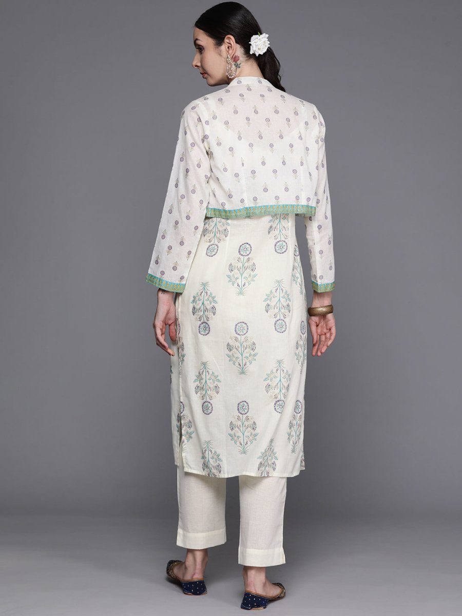 Ahalyaa Floral Printed Regular Pure Cotton Kurta with Trousers & Jacket | Swadesiicart
