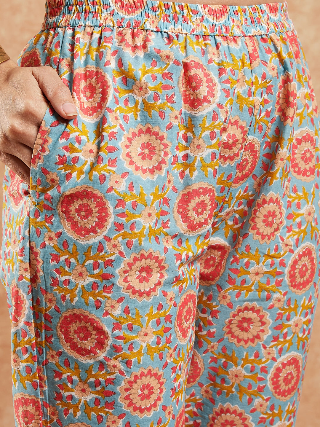 InWeave Women's Light Blue Floral Jaal Gota Work Straight Kurta Pant Set - Swadesiicart