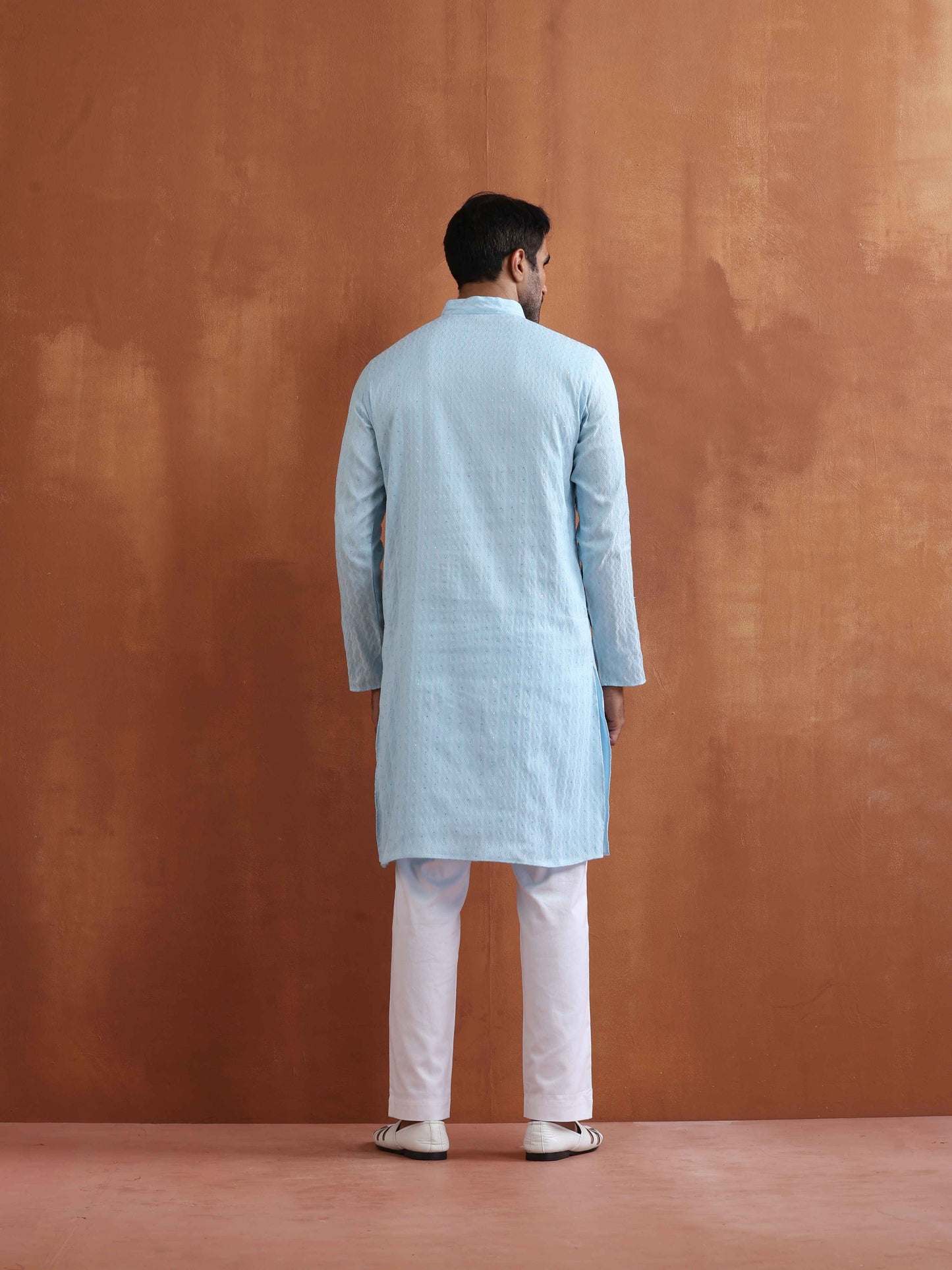 trueBrowns Men's Blue Sequin Chanderi Kurta | Swadesiicart