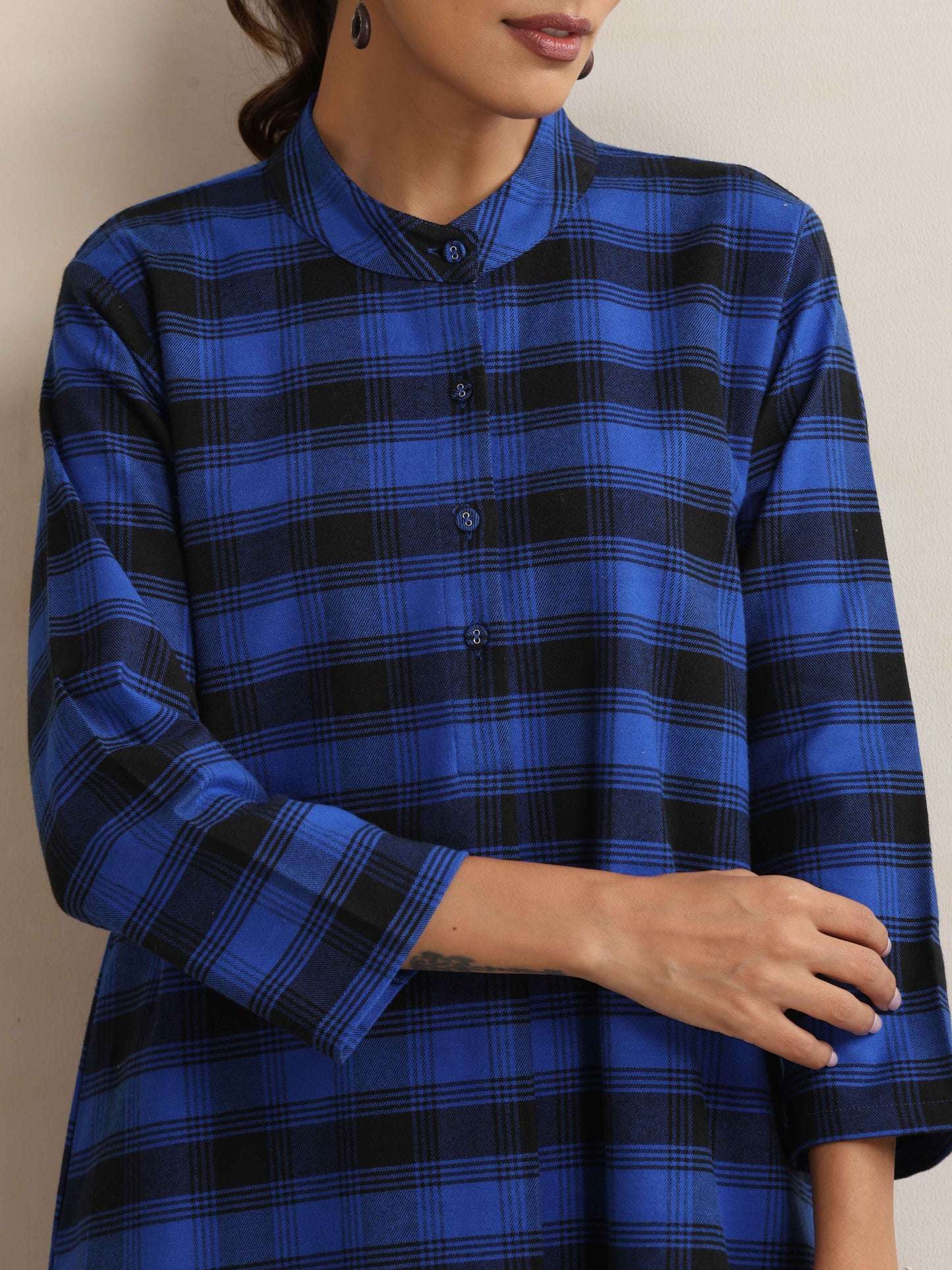 trueBrowns Blue Check Flared Winter Dress | Swadesiicart