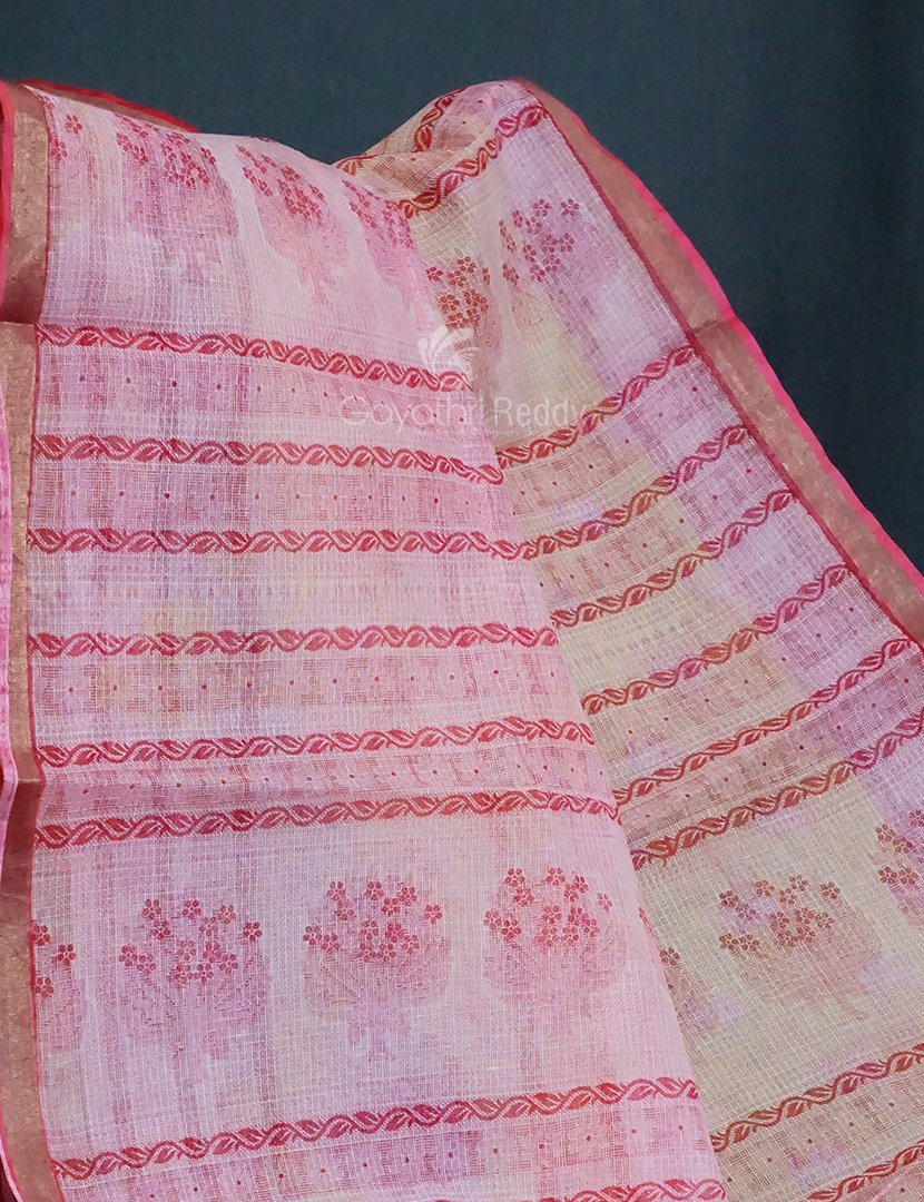 Yellow And Pink Colour Block Print Pure Kota Cotton Saree By Gayathri Reddy Designer Studio | Swadesiicart