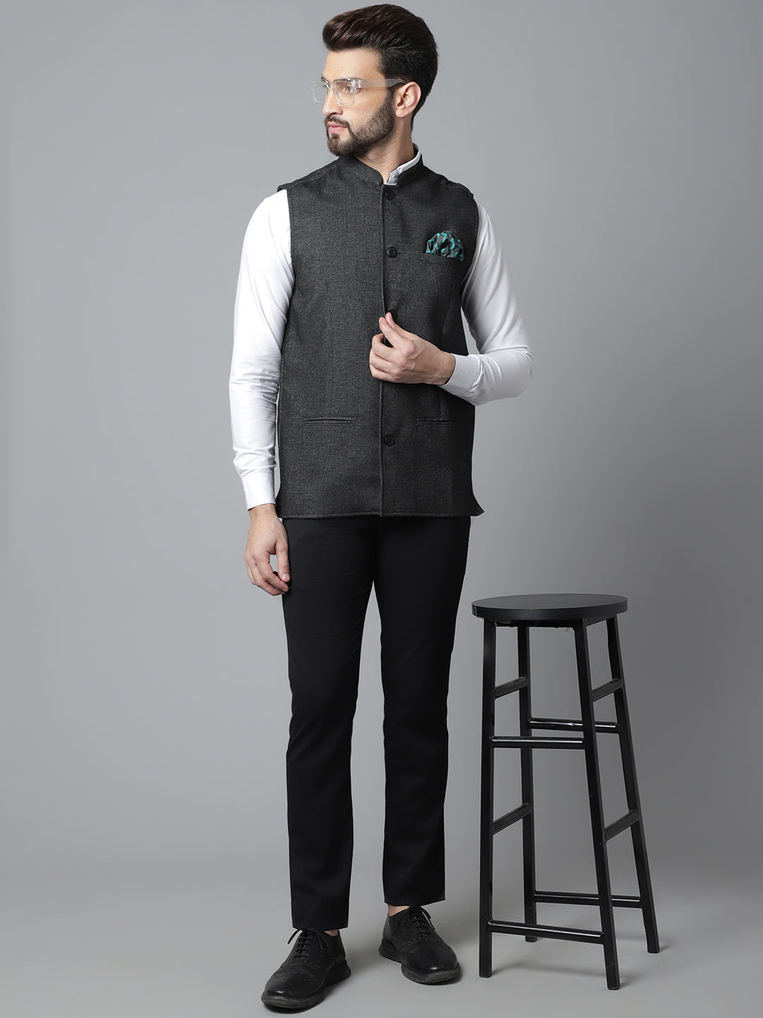 Even Apparels Men's Black Pure Wool Nehru Jacket | Swadesiicart