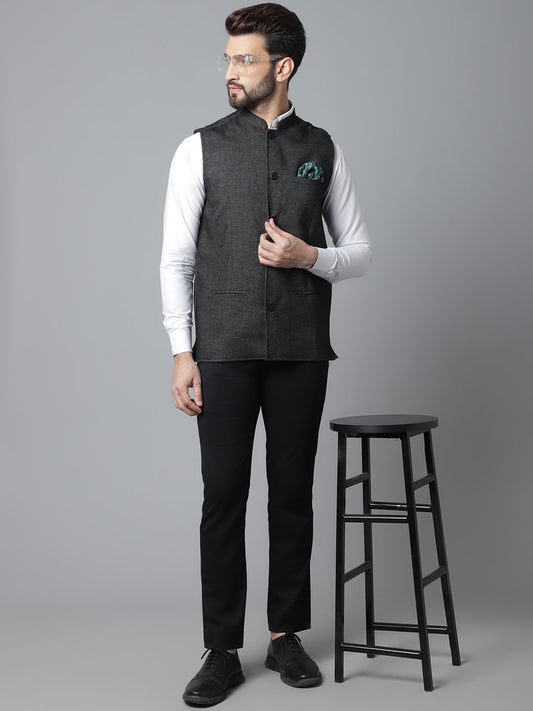 Even Apparels Men's Black Pure Wool Nehru Jacket | Swadesiicart