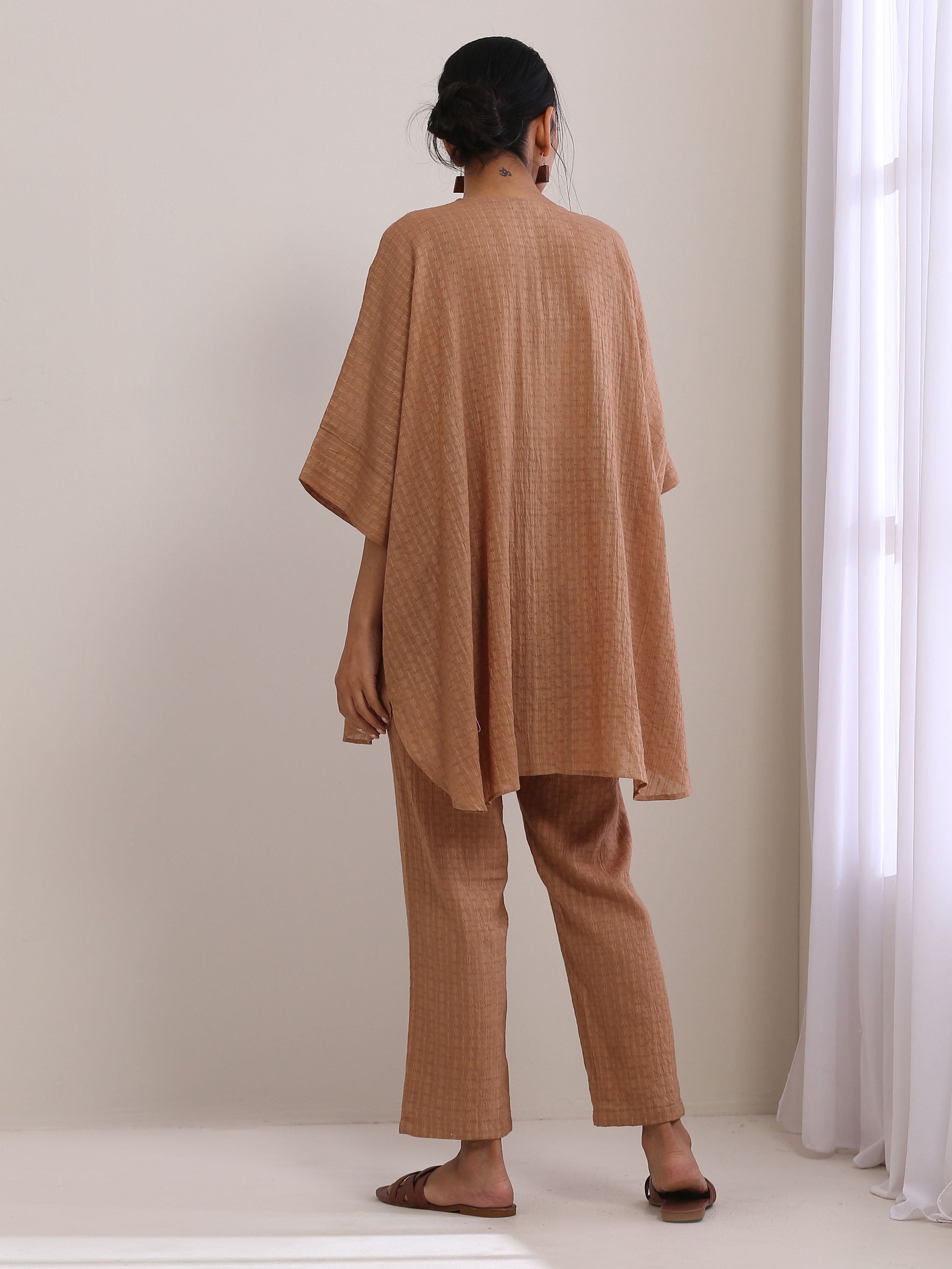trueBrowns Beige Dobby Boxy Fit High-Low Co-Ord Set - Swadesiicart