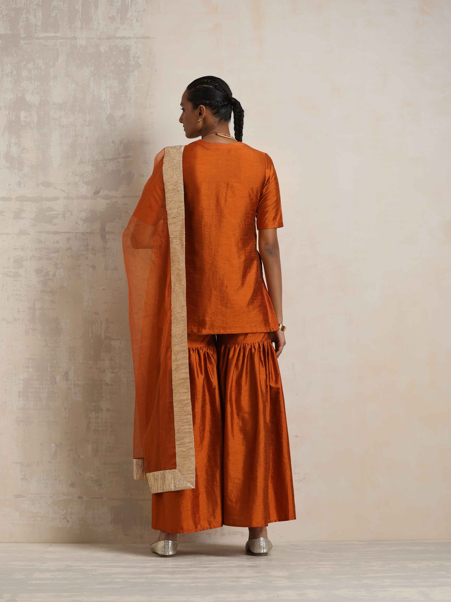 trueBrowns Orange Silk Sharara Dupatta Set | Swadesiicart