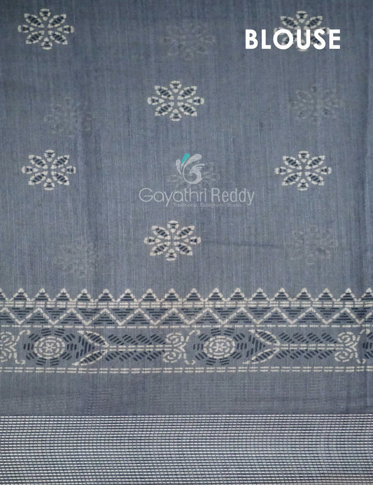 Powder Grey Coloured Block Print Semi Chanderi Saree By Gayathri Reddy Designer Studio | Swadesiicart