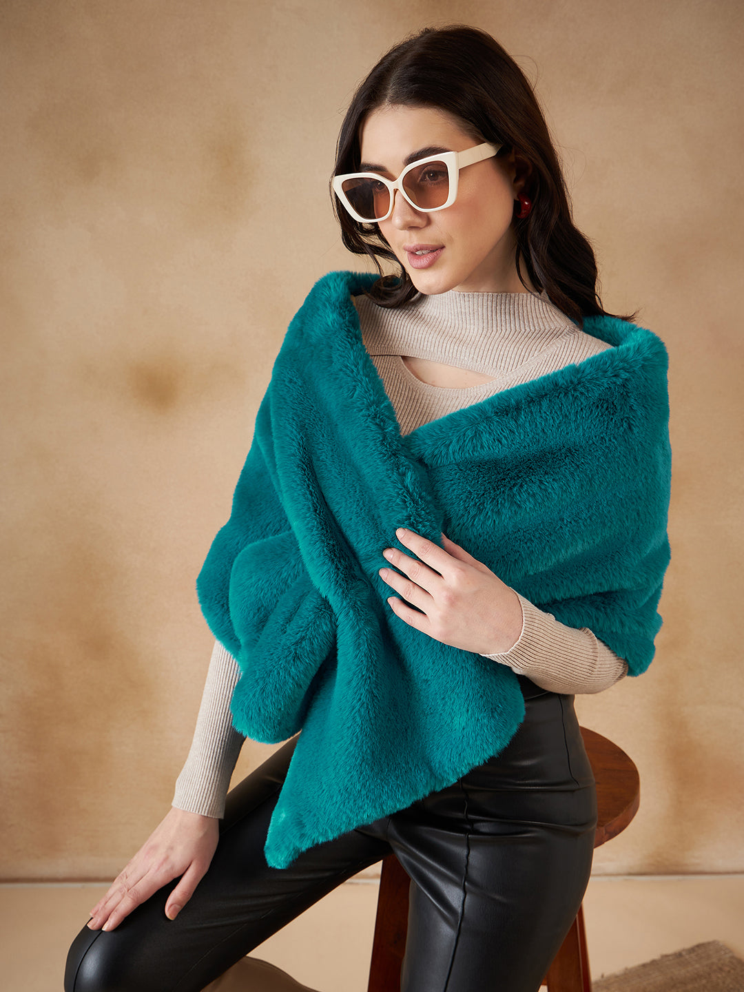 InWeave Women's Cyan Blue Long Faux Fur Cape - Swadesiicart