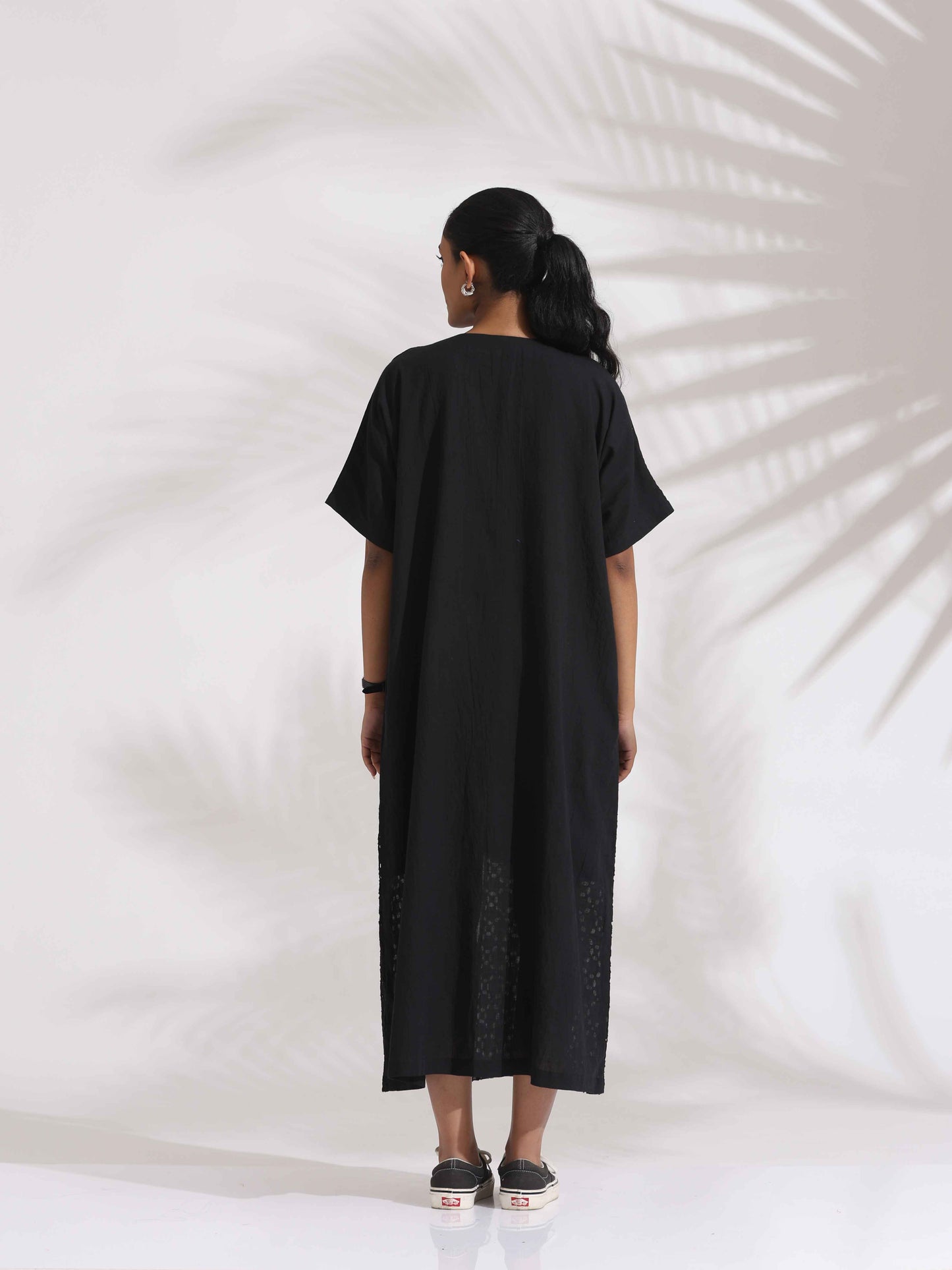 trueBrowns Black Cotton Schiffli Slit Dress | Swadesiicart