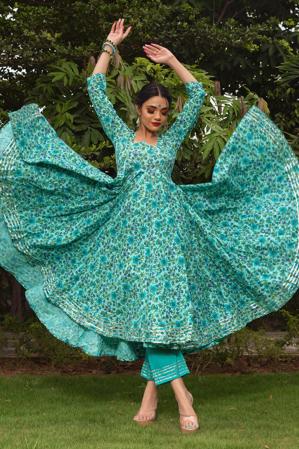 Pomcha Jaipur Morni Hand Block Cotton Anarkali Set | Swadesiicart